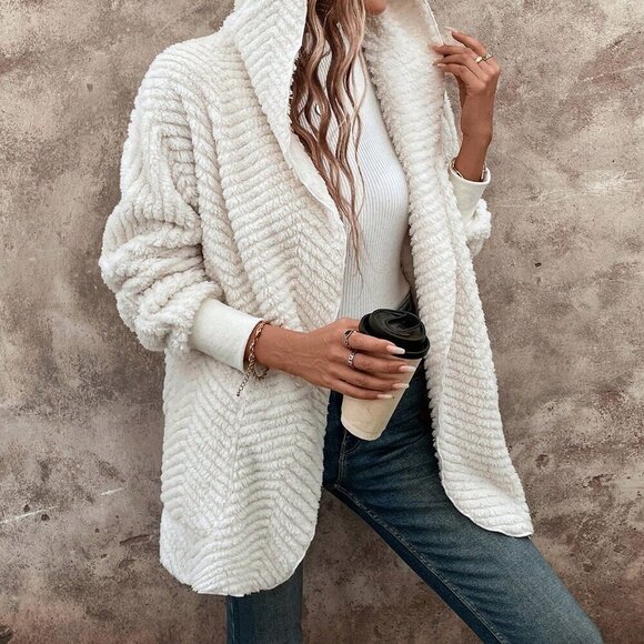 Apricot Casual Women's Waterfall Collar Open Front Teddy Coat - Picture 7 of 7